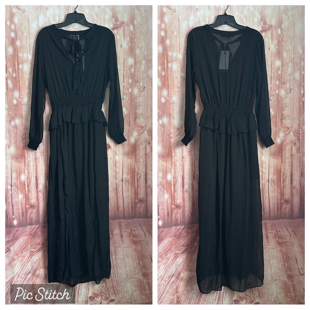 Endless Rose Whimsy Goth Black Sheer Long Sleeve Tie Neck Maxi Dress Size S